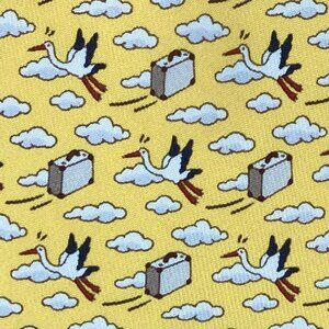 100% REAL HERMES TIE ~ YELLOW w WHIMSICAL STORKS FLYING SKY SUITCASES CLOUDS XL